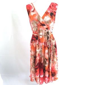 Faux-wrap Floral Sleeveless Empire Belted Dress